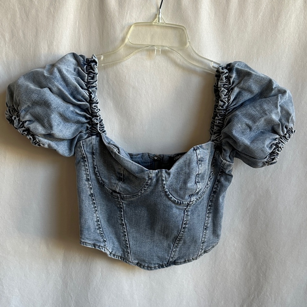 Balloon sleeve denim corset crop top, size S